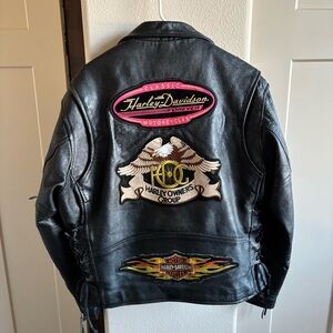 Unik Black Leather Jacket with Harley Embroidered Patches